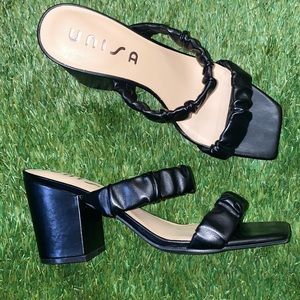 Unisa Ruched Strap Block Heel Mules